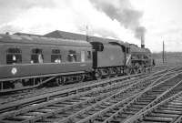 The combined 2pm ex-Glasgow Central/2.5pm ex-Edinburgh Princes Street leaves Carlisle on 7 August 1965 with through coaches for Manchester and Liverpool. In charge is Jubilee no 45684 <I>Jutland</I> of Bank Hall shed. <br><br>[K A Gray 07/08/1965]