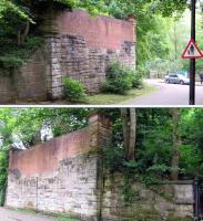 The abutments of the substantial bridge that carried the tracks and platforms of Kirklee station across Glasgow's Ford Road. Above - immediately behind the wall on the north side are the gardens of flats on the trackbed running up to Kirklee Road. Below - a heavily wooded area to the south which covers the trackbed until it disappears under the Botanic Gardens; it appears again at the subterranean former Botanic Gardens Station. The ford is long gone, but there is a footbridge over the Kelvin at the foot of the hill.<br><br>[Colin Miller 30/06/2013]