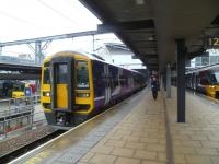 The 12.49 service to Carlisle via the S&C waits to leave Leeds on 25 March. <br><br>[Bruce McCartney 25/03/2014]
