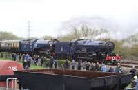 Unusual combination. 6023 <I>King Edward II</I> teams up wth 60163 <I>Tornado</I> on 5 April 2014 in the Great Western Society yard at Didcot during <I>'Big Blue Engine Day'</I>.<br><br>[Peter Todd 05/04/2014]