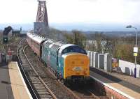 NRM-owned Deltic 55002 <I>The King's Own Yorkshire Light Infantry</I> enters North Queensferry on 12 April 2014 with <i>The Deltic Aberdonian</i> from York.<br><br>[Bill Roberton 12/04/2014]