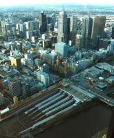 View over Flinders Street station, Melbourne, seen from the 88th floor of the Eureka Building in April 2014.<br><br>[Colin Miller Collection 12/04/2014]