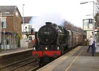 46115 <I>Scots Guardsman</I> passing Bamber Bridge on 13 February 2014 whilst out on test from Carnforth. The run was over 75 minutes early at this point which hopefully means that it was more successful than last weeks test and that it will be out on the <I>Winter Cumbrian Mountain Express</I> on 15 February 2014.<br><br>[John McIntyre 13/02/2014]