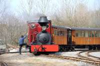 Locomotive <I>Laukota No 11</I> at Statfold Barn on 29 March 2014. (Hudswell-Clarke 0-6-0 No 972/1913). Rescued from a Fijian sugar plantation. The owner is the man holding it upright!<br><br>[Peter Todd 29/03/2014]