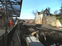 Work at Gleneagles station progressing in readiness for the 2014 Ryder Cup which takes place in September. View south on 15 April along the former Crieff platform.<br><br>[John Yellowlees 15/04/2014]