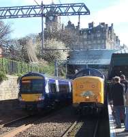 On her first mainline passenger run since 1981, Deltic 55002 <I>The King's Own Yorkshire Light Infantry</I> stands at Waverley on Saturday 12th April 2014 with <I>'The Deltic Aberdonian'</I>.<br><br>[Colin Alexander 12/04/2014]