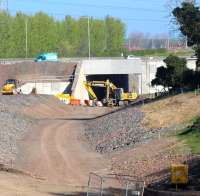 View north towards the city bypass on 20 April with much of the infilling completed on both sides of the new bridge over the Borders Railway route.<br><br>[John Furnevel 20/04/2014]