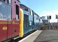 Deltic 55002 <I>The King's Own Yorkshire Light Infantry</I> preparing to leave Aberdeen on 12 April with <I>'The Deltic Aberdonian'</I> returning to York.<br><br>[Colin Alexander 12/04/2014]
