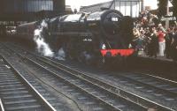 Britannia Pacific 70013 <I>Oliver Cromwell</I> arriving at Carlisle on 11 August 1968 with the BR <I>'Fifteen Guinea Special'</I>. The special was billed at the time as the final standard gauge main line passenger train to be hauled by a steam locomotive on British Rail. [See image 47039]<br><br>[D Walker Collection [Courtesy Bruce McCartney] 11/08/1968]