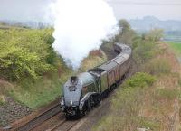 The SRPS <I>Forth Circle</I>, hauled by 60009 <I>Union of South Africa</I>, passing Cowie on the climb away from Stirling on 27 April 2014, with the castle on the skyline.<br><br>[Bill Roberton 27/04/2014]