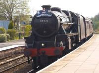 On 28 April 2014, day 3 of <I>The Great Britain VII</I> railtour, ex LMS Black 5 no 44932 hauled the train from Bristol to Grange-over-Sands via Hereford, Shrewsbury and Wrexham. Running some 60 minutes late it coasted through Helsby station heading for the WCML at Warrington. The 9-day tour ends at Kings Cross on 4 May.<br><br>[John McIntyre 28/04/2014]