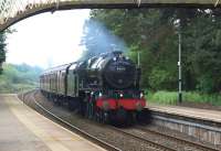 Royal Scot 46115 <I>Scots Guardsman</I> brings the <I>Great Britain VII</I> tour north through Dalston, Cumbria, on Day 4 of the round Britain trip. The special is heading for Carlisle, then on to Edinburgh. <br><br>[John McIntyre 29/04/2014]