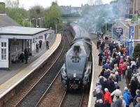 A4 60009 <I>Union of South Africa</I> draws into Inverkeithing station on Sunday 27 April with the afternoon running of the SRPS <I>Forth Circle</I> railtour.<br><br>[Andy Carr 27/04/2014]