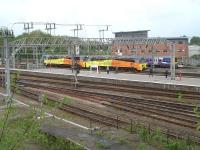 Brand new Colas class 70 locomotives 70806 and 70807 running into Crewe station on 1 May on their post import journey from Liverpool Docks to Bescot Yard, before entering service.<br><br>[David Pesterfield 01/05/2014]
