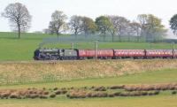 <I>Scots Guardsman</I> gets to grips with the GB VII railtour as it pulls away from the water stop at Lockerbie on 29 April 2014. The photograph was taken between Nethercleugh and Dinwoodie<br><br>[John McIntyre 29/04/2014]