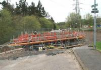 Bridging the gap. Looking south west along Winston Road, Galashiels, on Saturday 3 May 2014, with new bridge construction work well underway. [See image 45578]<br><br>[John Furnevel 03/05/2014]