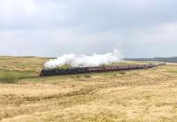 On a cold, dull and misty afternoon, Black Fives 44871 and 45407 are on the way to Stranraer with the <I>Great Britain VII</I>, pictured here on the long gradient south of Barhill.<br><br>[John Gray 30/04/2014]