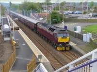 47854 <I>Diamond Jubilee</I> with the Edinburgh - Boat of Garten <I>Royal Scotsman</I> passing Rosyth on 5 May.  The new access ramps are now in service at the station and the temporary footbridge has been removed. [See image 46017]<br><br>[Bill Roberton 05/05/2014]