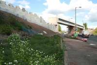 Work in progress on the embankment south of the rail bridge over Hardengreen roundabout on 13 May.<br><br>[John Furnevel 13/05/2014]