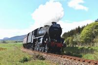 Black five No.44871 on its way to Brora on 12 May with the empty stock of <I>The Cathedrals Explorer</I> to run round ready for the return journey to Inverness. In the background on the left stands Dunrobin Castle.<br><br>[John Gray 12/05/2014]