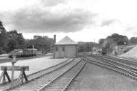 The approach to Aberfeldy station seen from the end of the platform on 18 June 1960. In the right background 55217 is standing alongside the shed. [See image 46095] <br><br>[David Stewart 18/06/1960]