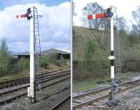 Signals at Hellifield, April 2014. Left: Vewed in close-up, it can be seen that Hellifield signal HD52 applies to the down loop and not the down main, as might be thought when seen from a distance. Right: Forty years ago, a starting signal like this on the up side would hardly have warranted a second glance. Thankfully it has not been spoiled by clumsy modern alterations.<br><br>[Bill Jamieson 14/04/2014]