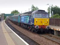 DRS 47853 passes Glenrothes with Thornton on 7 June with the late-running Compass Tours <I>Highland Clansman</I> from Middlesbrough to Aviemore, which was curtailed at Perth.  47501 was on the rear of the train.<br><br>[Bill Roberton 07/06/2014]