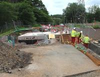 Looking west along Winston Road, Galashiels, on 9 June 2014, with the new bridge taking shape. [See image 45578]<br><br>[John Furnevel 09/06/2014]