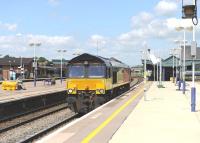 Colas Rail 66850 runs east light engine through Didcot station on 12 June 2014.<br><br>[Peter Todd 12/06/2014]