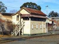 The British style main signal box (plus sunshade) at Bendigo, Victoria, in May 2013. The box is out of use, with traffic now controlled centrally.<br>
<br><br>[Colin Miller 29/05/2013]
