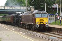 Having moved from Fort William to Carnforth on Thursday, Black 5 45407 was on the move again on 28 June heading to Bristol with ecs for a charter the following day. To help on the way, 57315 was doing the hard work with the Black 5 in light steam.<br><br>[John McIntyre 28/06/2014]