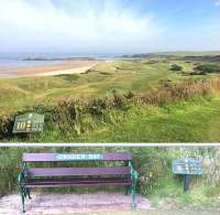 The magnificent Links at Cruden Bay, Aberdeenshire, a course developed by the GNoSR and subsequently operated by the LNER until 1939. The station and Hotel are long gone, but a reminder of the course's railway parentage adorns this tee-side seat! [See image 40796]<br><br>[Brian Taylor 09/07/2014]