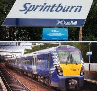 The 16.49 service to Dalmuir prepares to leave Springburn on 12 July, with the station temporarily renamed <I>Sprintburn</I> to mark the Glasgow 2014 Commonwealth Games.<br><br>[Colin Harkins 12/07/2014]