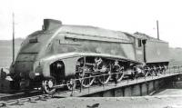 A4 60004 <I>William Whitelaw</I> on the turntable at Balornock Shed in July 1962. The Pacific had been reallocated from Haymarket to Ferryhill the previous month, primarily in connection with the 3 hour Aberdeen - Glasgow express services.<br><br>[John Robin 20/07/1962]