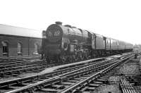 Rebuilt Patriot 4-6-0 no 45534 <I>E Tootal Broadhurst</I> passing Crown Street goods depot on the southern approach to Carlisle on 13 July 1963. The train is the 1S48 summer Saturday 9.20am Manchester Victoria - Glasgow Central which was routed via Hellifield and Kilmarnock.<br><br>[K A Gray 13/07/1963]