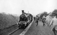 Damp day at Drongan. The BLS/SLS <I>Scottish Rambler</I> railtour calls at Drongan behind preserved Caledonian Railway locomotive 123 on 20 April 1962. The special was on its way from Muirkirk to Ayr.<br><br>[David Stewart 20/04/1962]