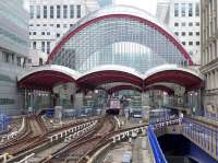 The DLR platforms at Canary Wharf on 28 July 2014, seen from the platform end at West India Quay. <br><br>[Bill Roberton 28/07/2014]