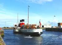 PS <I>Waverley</I> warps herself across from the North Harbour to collect her passengers for the last sail of the season from Ayr to Tarbert Loch Fyne.<br><br>[Colin Miller 20/08/2014]