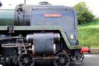 The eponymous <I>Britannia</I> class Pacific no 70000 at Ropley on the Mid-Hants Railway in August 2014. The locomotive was in the yard undergoing repairs at the time and its front driving wheels had been removed.<br><br>[Peter Todd 23/08/2014]