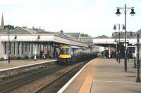 The 09:34 service to Dundee draws into platform 2 at the well preserved Stirling station on 1 September 2014.<br><br>[Colin McDonald 01/09/2014]