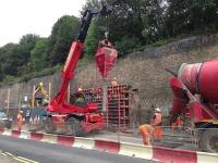 Concrete pouring alongside Ladhope Vale, Galashiels, on 3 September, looking east across the A7.  <br><br>[Bruce McCartney 03/09/2014]
