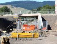 The new bridge carrying Winston Road over the trackbed at Galashiels, looking north on 31 August 2014. According to the Scottish Borders Council website the road is sheduled to reopen by the end of October. [See image 42351]<br><br>[John Furnevel 31/08/2014]