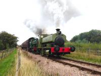 Steam in action on the Pontypool & Blaenavon Railway on 13 September 2014 as Barclay 0-4-0STs <I>Rosyth No 1</I> + <I>United Steel Companies</I> depart from Blaenavon High Level Station.<br><br>[Peter Todd 13/09/2014]