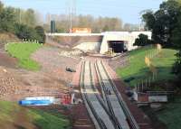 Sleepers being laid under the Edinburgh City Bypass at Sheriffhall on 21 September 2014.<br><br>[John Furnevel 21/09/2014]