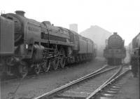 A misty morning at Polmadie in 1960, with Clan, Royal Scot and Coronation Pacific locomotives amongst the various types on display in the shed yard.<br><br>[David Stewart //1960]