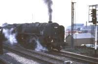 Kingmoor 9F 2-10-0 no 92110 held on the approach to Carlisle with oil tanks in October 1966.<br><br>[G W Robin 08/10/1966]
