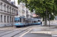 On a late Monday afternoon in July 2014, Alsthom TFS-2 tram 2032 enters  Grenoble's Place Verdun on a run south to chirolles Denis Papin. 2032 was one of a batch of 15 delivered in 1989/90, and is one of 53 of the type running in the city.<br><br>[Andrew Wilson 07/07/2014]