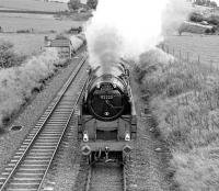 BR Standard class 9F 92220 working <I>The Lord Bishop</I> between Appleby and Armathwaite on 30 September 1978. Thought to have been taken where the B6412 crosses over the S&C about a mile and a half south of Langwathby (?)<br><br>[Bill Jamieson 30/09/1978]