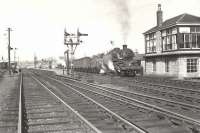 BR Standard tank 80113 with a freight taking on water alongside Maud signal box in May 1959. <br><br>[G H Robin collection by courtesy of the Mitchell Library, Glasgow 15/05/1959]