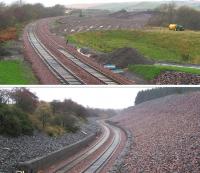 Views north and south on Borthwick Bank during a wet and windswept 6th November 2014. [See Image 40919]. The view south in particular brings to mind AJ Mullay's description of the Waverley Route's <I>'serpentine succession of curves'</I>.<br><br>[David Spaven 06/11/2014]